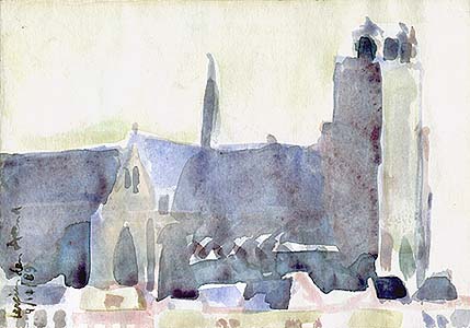 this link will take you to the work of Lucien den Arend. This is one of his water colors of the old cathedral, the Grote Kerk, of Dordrecht, the oldest town in Holland.